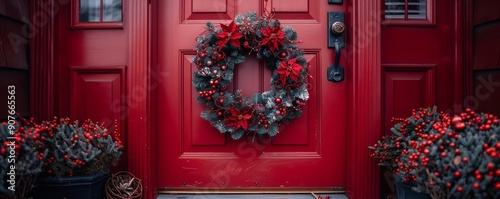 A vibrant red doorway adorned with a festive wreath and decorative foliage, welcoming the holiday spirit with warmth and charm.