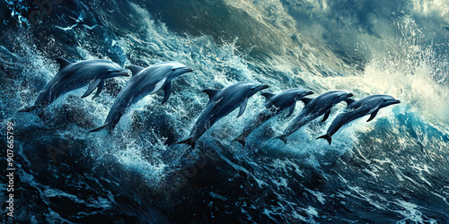 Group of dolphins splashing and jumping out of the ocean water. photo