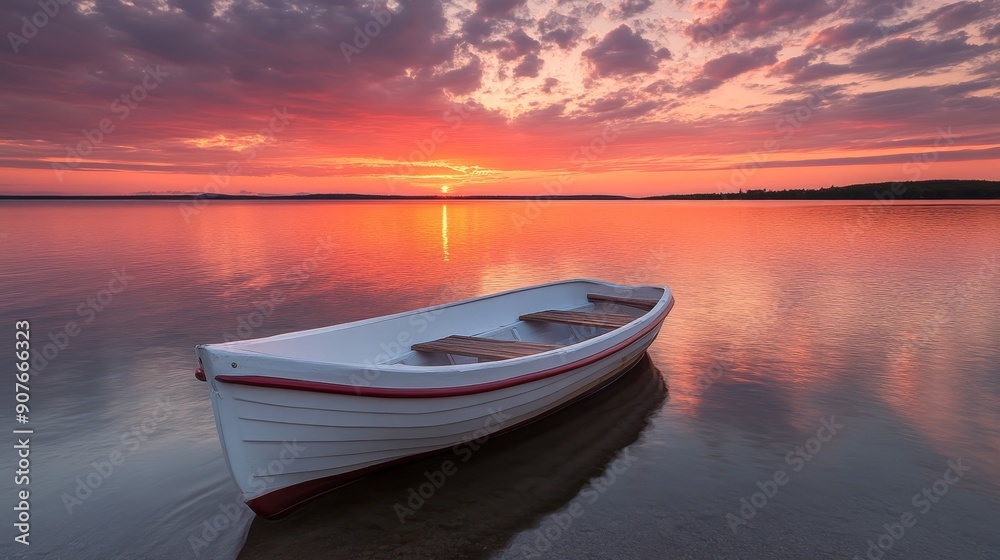 A serene boat floats on a calm lake at sunset view. A serene boat floats on a calm lake at sunset view.