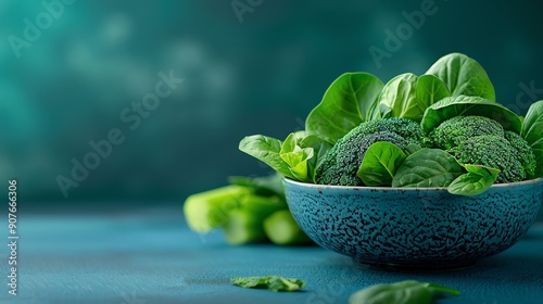 Elegant depiction of nonstarchy vegetables including spinach, kale, and broccoli, emphasizing a lowcarbohydrate, clean eating approach photo