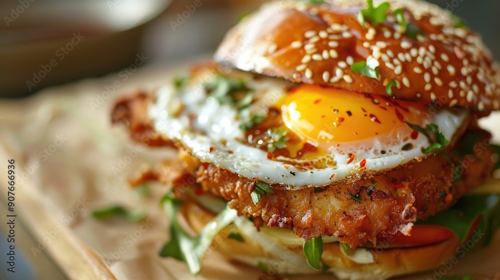 Close up photograph of delicate soft shell crab burger topped with fried egg Close up photograph of delicate soft shell crab burger topped with fried egg