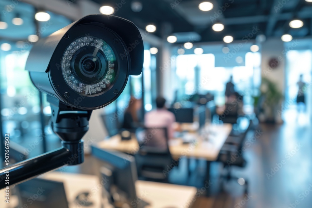 A CCTV camera installed in a sleek, modern office, with a view of employees working at their desks A CCTV camera installed in a sleek, modern office, with a view of employees working at their desks