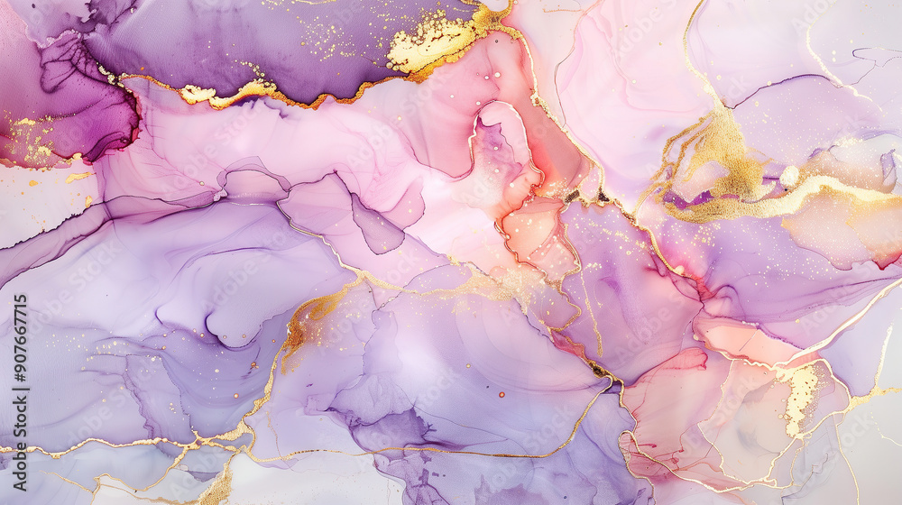 Elegant marble ink texture in shades of purple and gold