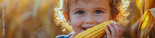 the child eats corn. Selective focus