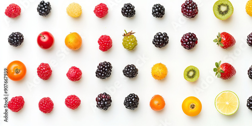 Fruitful Harmony: An array of colorful berries artfully arranged in a pattern on a pristine white table