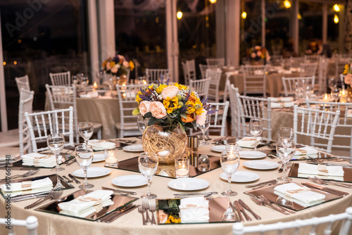 Romantic Dinner Setup: Table with Sunflower Bouquet and Cityscape at Night