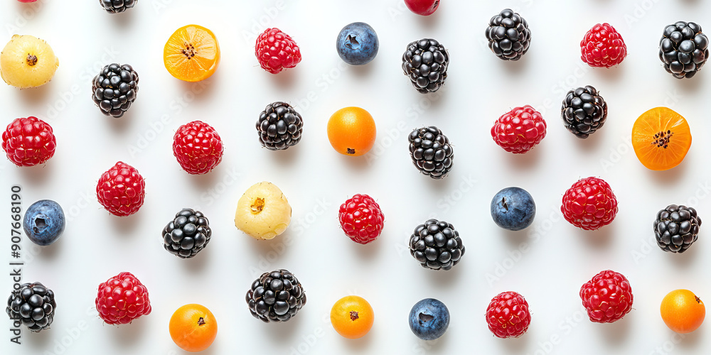 Fruitful Harmony: An array of colorful berries artfully arranged in a pattern on a pristine white table