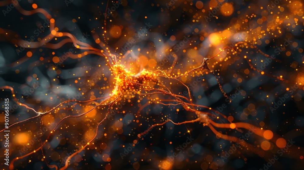 A 3D-rendered visualization of active brain cells, highlighting neural activity A 3D-rendered visualization of active brain cells, highlighting neural activity