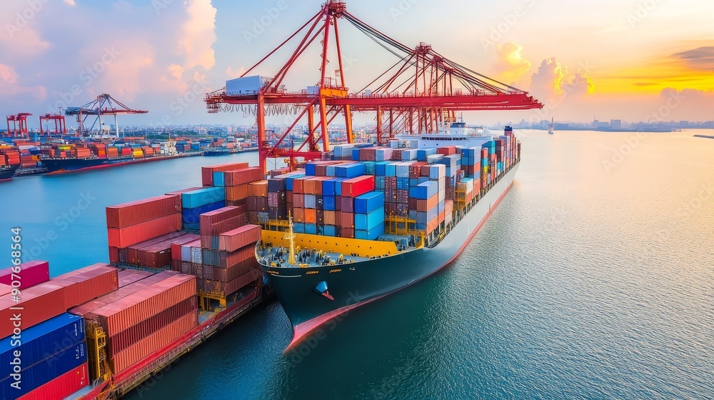 Fototapeta premium Container ship docked with colorful cargo at sunset.