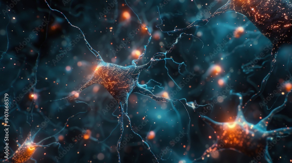 A 3D-rendered visualization of active brain cells, highlighting neural activity A 3D-rendered visualization of active brain cells, highlighting neural activity