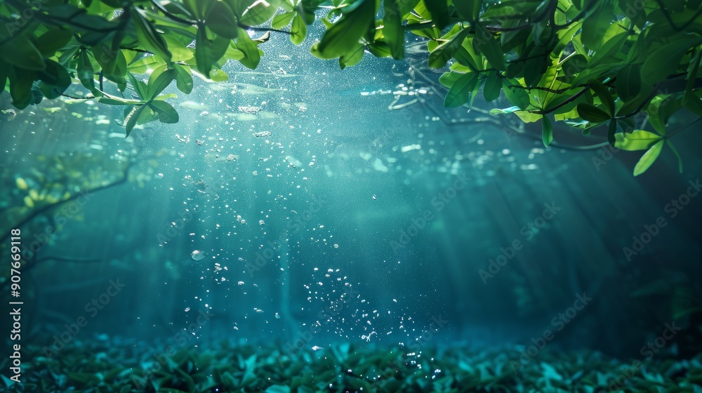 Underwater photograph of a mangrove forest with flooded trees, an