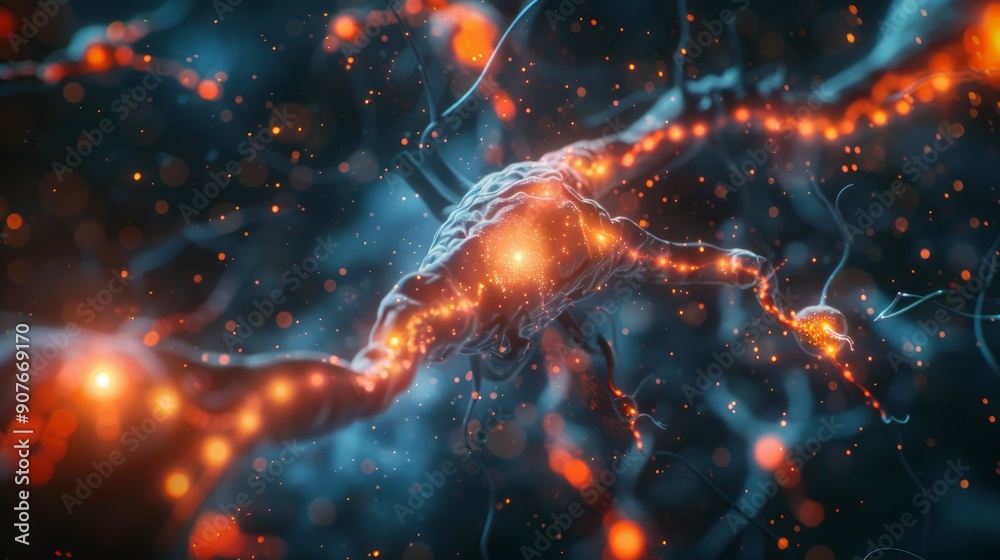 A 3D-rendered visualization of active brain cells, highlighting neural activity A 3D-rendered visualization of active brain cells, highlighting neural activity