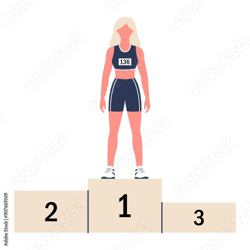 Olympic Games. Sportswoman with a number on her chest on a victory podium. Victory in sports competitions. Vector illustration.