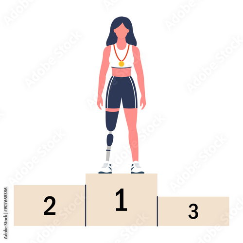 Paralympic champion with a prosthetic leg on the victory podium. Victory in sports competitions. Vector illustration.