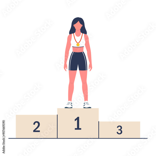 Olympic Games. Sportswoman on the podium. Champion girl on a pedestal with a gold medal. Victory in sports competitions. Vector illustration.