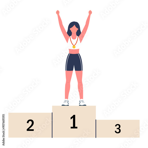 Olympic Games. Sportswoman with a gold medal on her chest on a victory podium. Victory in sports competitions. Vector illustration.