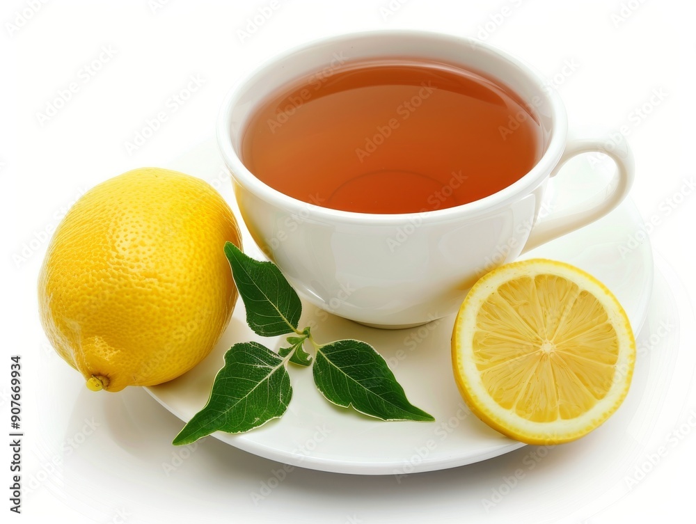 A cup of Earl Grey tea with a lemon slice on a white background A cup of Earl Grey tea with a lemon slice on a white background
