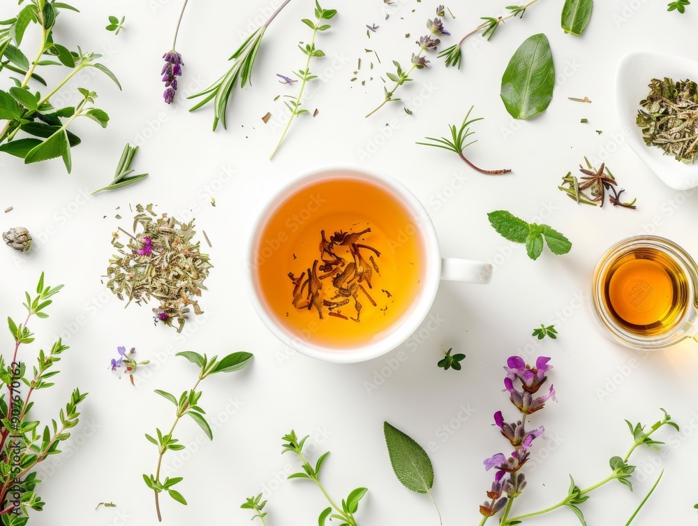 A cup of ginger tea with fresh ginger slices on a white background A cup of ginger tea with fresh ginger slices on a white background