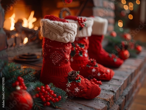 Cozy red Christmas stockings hang by a warm fireplace, adorned with festive decorations and surrounded by holiday cheer. photo