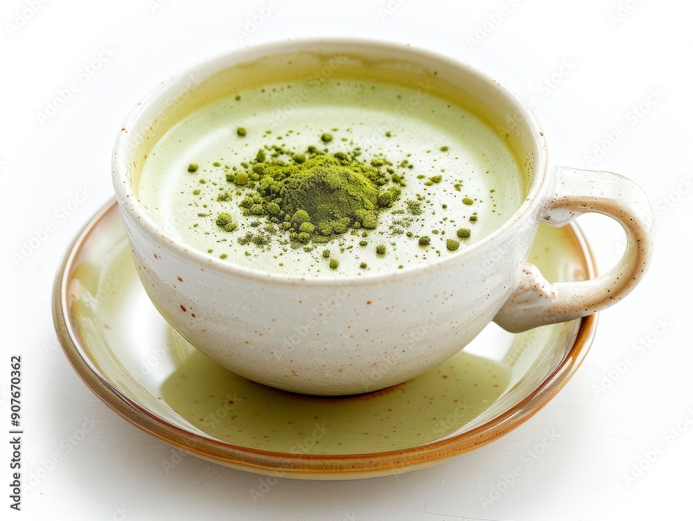 A cup of matcha latte with matcha powder sprinkled on top on a white background A cup of matcha latte with matcha powder sprinkled on top on a white background