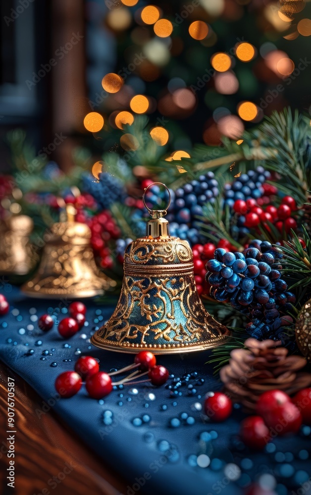 Fototapeta premium Elegant golden bells surrounded by festive decorations, berries, and pinecones create a warm holiday atmosphere.