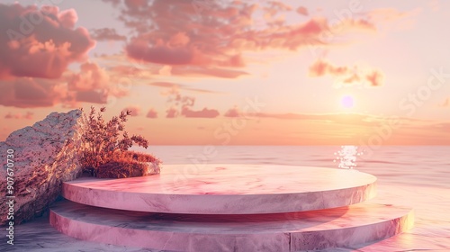 Fototapeta Naklejka Na Ścianę i Meble -  Natural landscape at pink sunset stone podium.