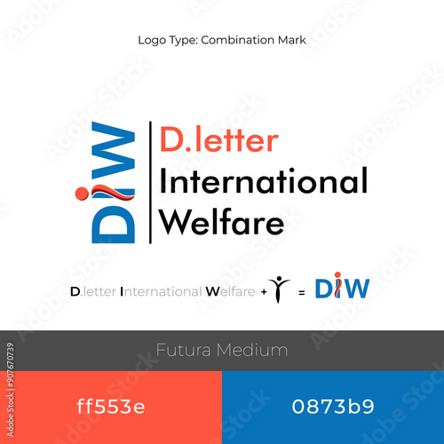 D. letter international welfare logo design mockup with some branding add colors ff553e and 0873b9 use font futura medium fully editable file 