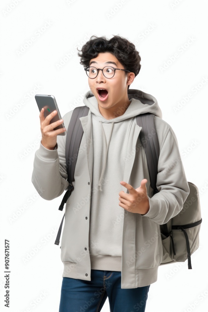 Surprised young Asian student surprised glasses holding. Surprised young Asian student surprised glasses holding.