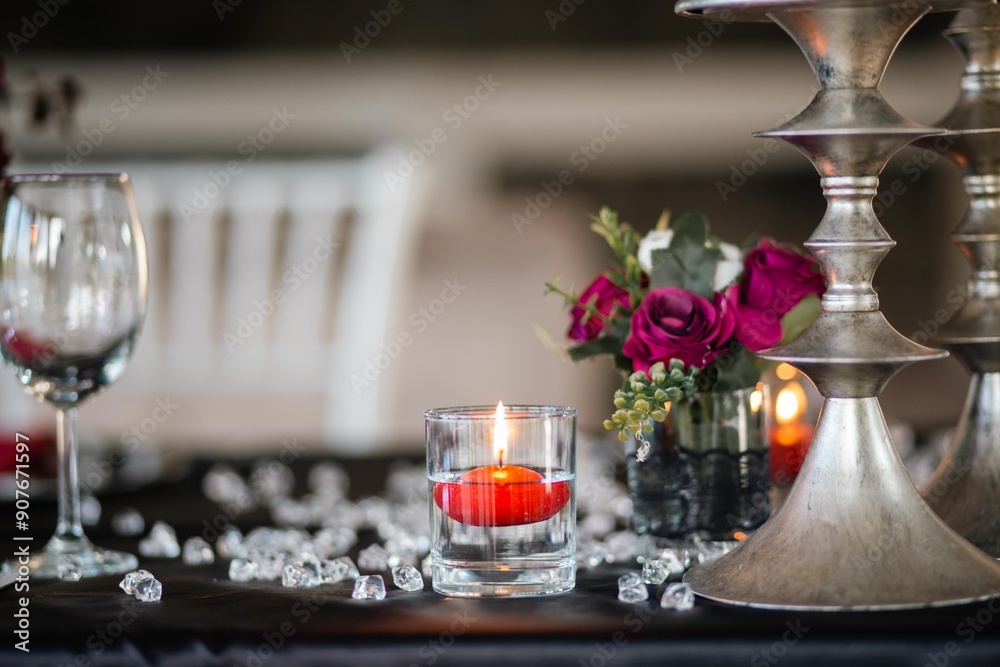 Elegant Indoor Wedding Reception with Crystal Candelabra and White Floral Centerpiece