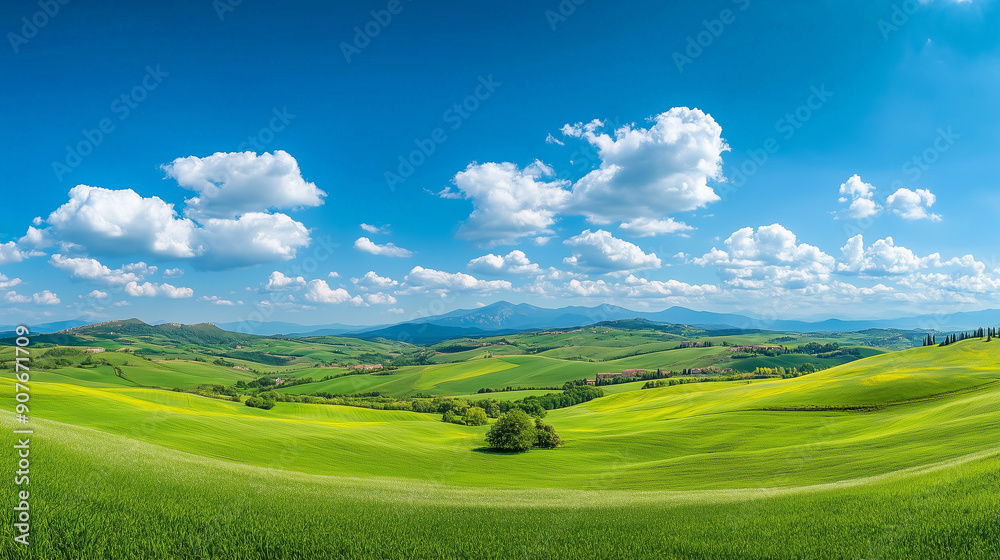 Obraz premium Panoramic view of vast green hills and meadows stretching out under a bright blue sky dotted with white, fluffy clouds.