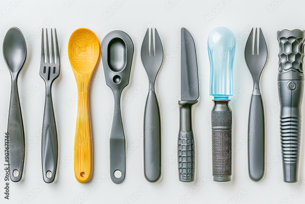 Set of modern kitchen utensils lying on white surface Set of modern kitchen utensils lying on white surface