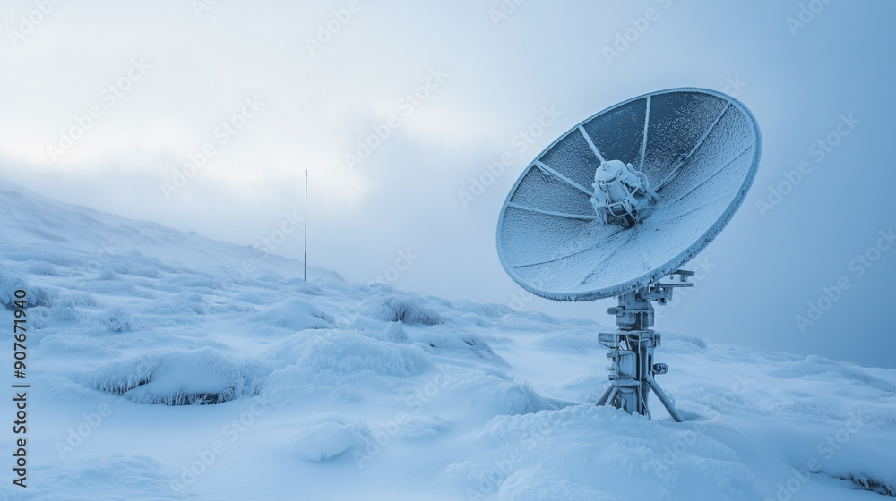A satellite dish covered with a thick layer of snow stands in a frozen winter landscape.