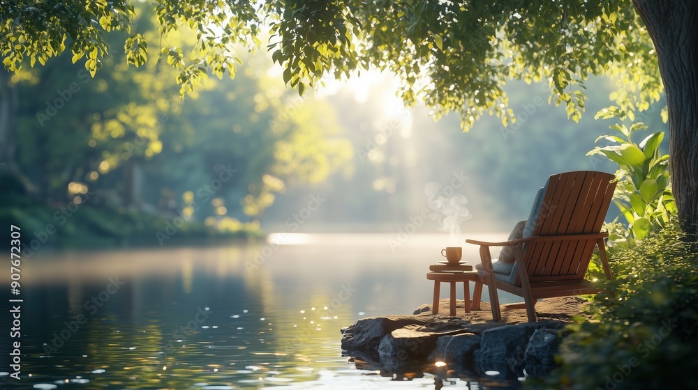 A peaceful lakeside view with a cozy chair and coffee cup, ideal for conveying tranquility and nature's beauty. A peaceful lakeside view with a cozy chair and coffee cup, ideal for conveying tranquility and nature's beauty.