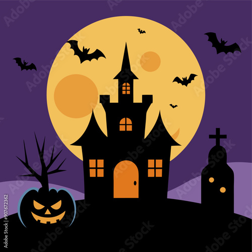 Spooky Halloween scene with haunted house, bats, full moon, jack-o'-lantern and bare tree.