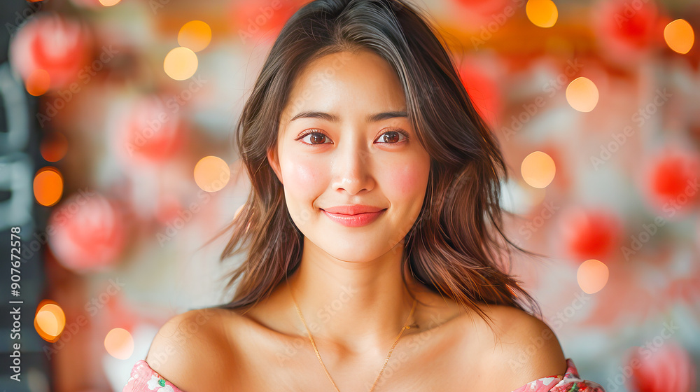 Fototapeta premium Beautiful asian woman smiling with bokeh lights background