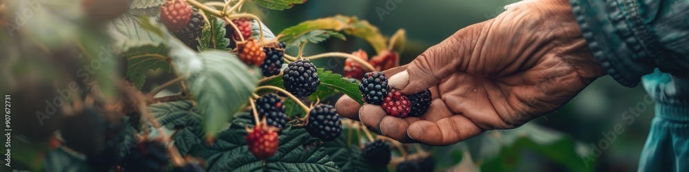 close-up of blackberry picking. Selective focus