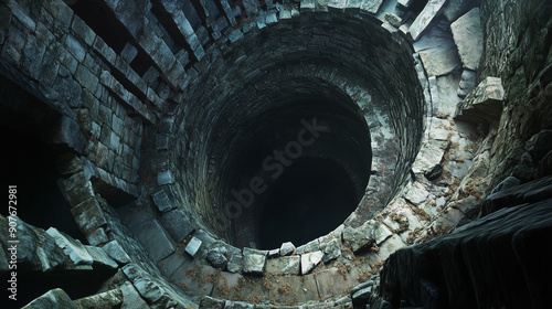 The opening of the stone well, which leads into darkness, reveals a deep, dark and austere stone interior.