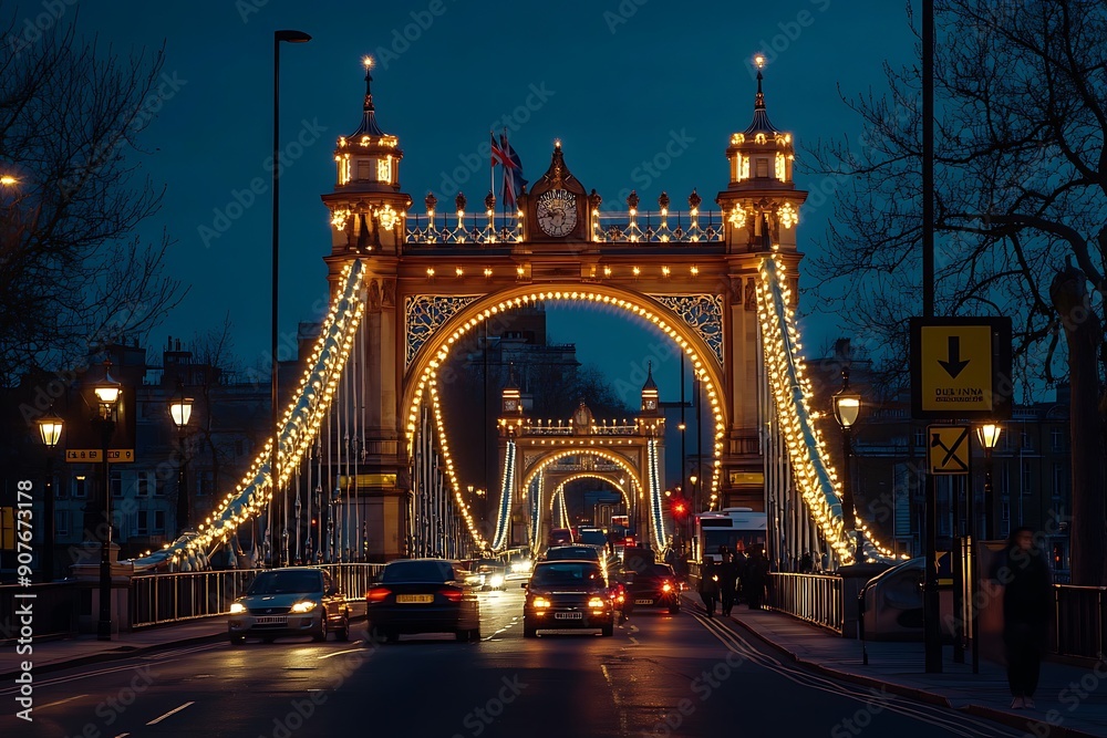 Fototapeta premium Light trails during blue hour at the Tower Bridge