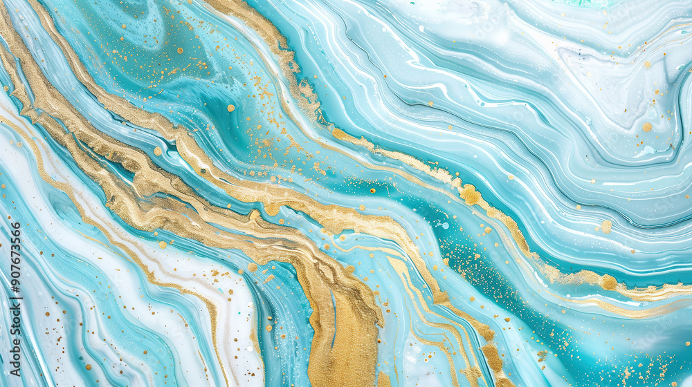 Elegant turquoise marble ink texture with gold veins on white background
