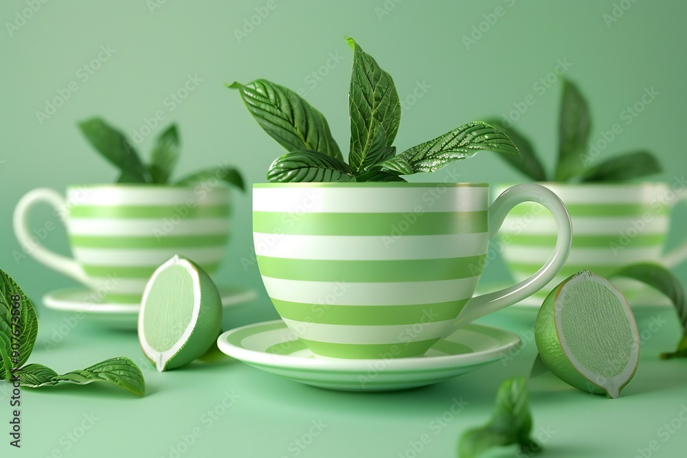 green cups with mint tea and leaves, cartoon style, 3D rendering , created by ai green cups with mint tea and leaves, cartoon style, 3D rendering , created by ai