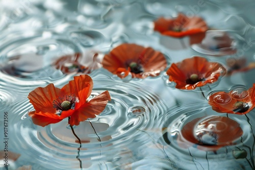 Red poppies float in clear water  ,  created by ai