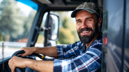 Happy professional truck driver driving his truck