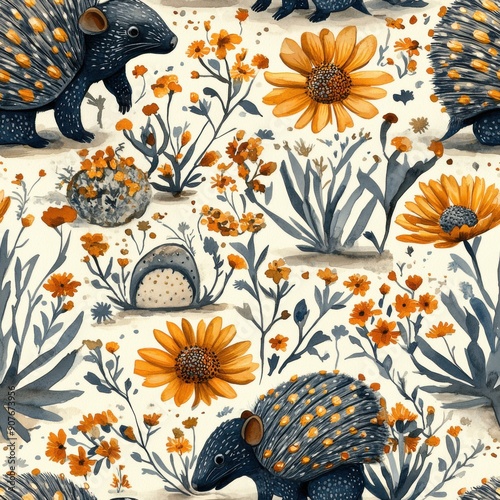 Watercolor armadillos and desert flowers seamless repeating pattern, minimal pattern, high contrasty  photo