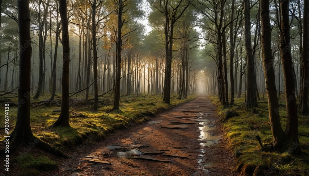 Obraz premium Sunrise Pathway Through Forest