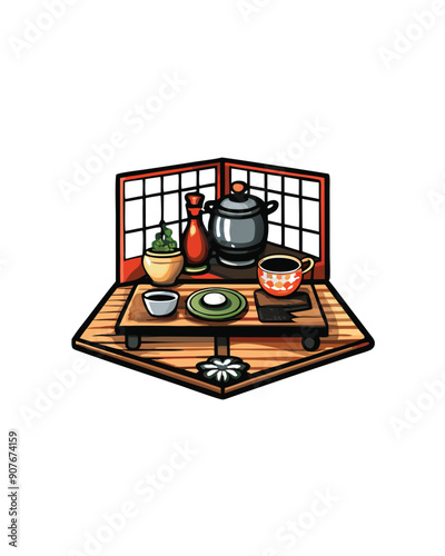 A minimalist, cartoon illustration of a Japanese tea ceremony set.