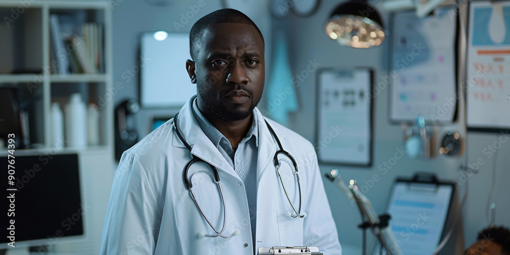 A professional African doctor in a white coat and stethoscope stands confidently in a hospital room.. african man A professional African doctor in a white coat and stethoscope stands confidently in a hospital room.. african man