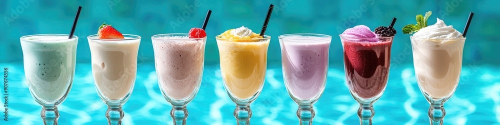 milk fruit cocktails on the background of the pool. Selective focus milk fruit cocktails on the background of the pool. Selective focus