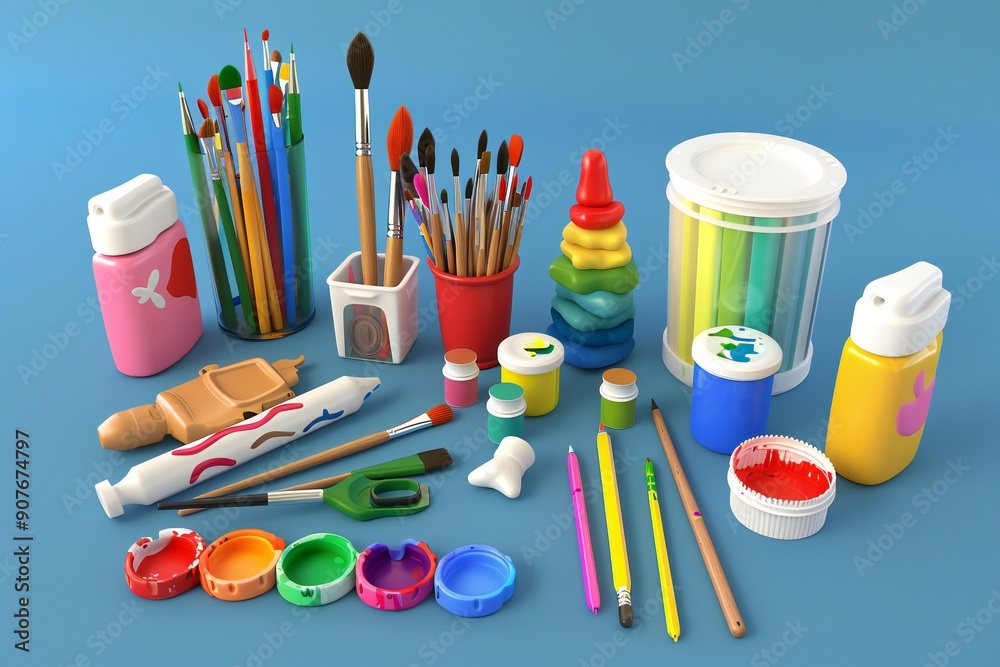 Obraz premium children's table with bright colors, plasticine and pencils , created by ai