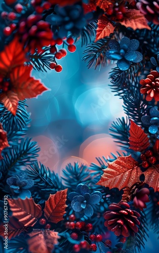 Vibrant holiday wreath adorned with blue and red foliage, perfect for festive decor and seasonal celebration.