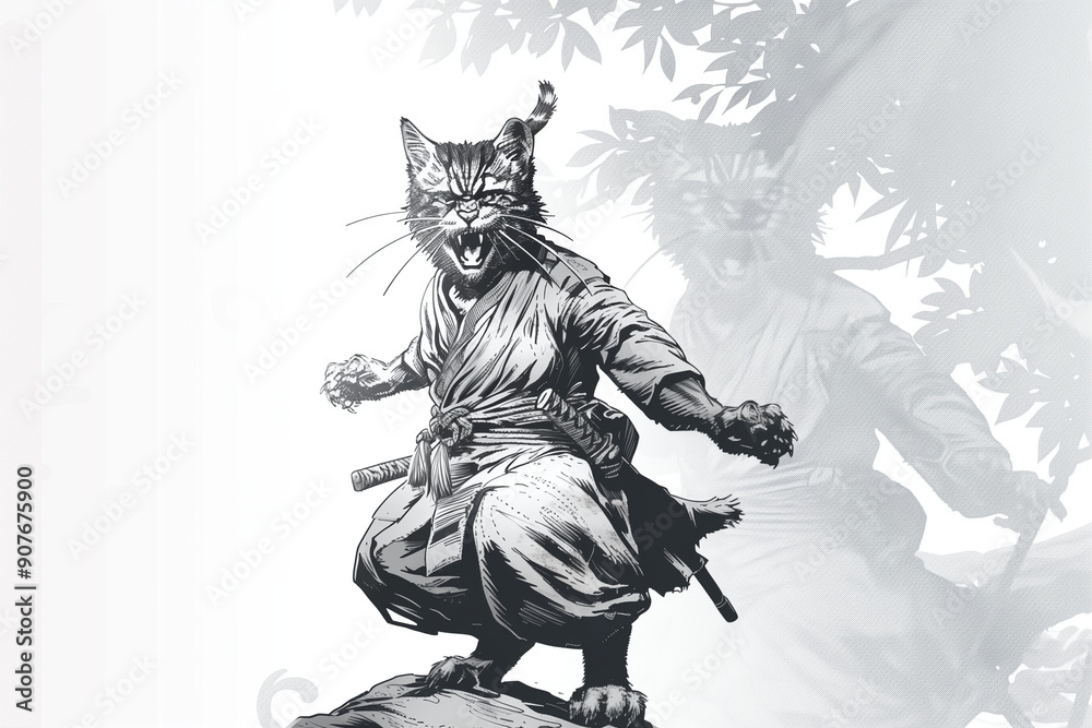 black and white illustration of a samurai cat black and white illustration of a samurai cat